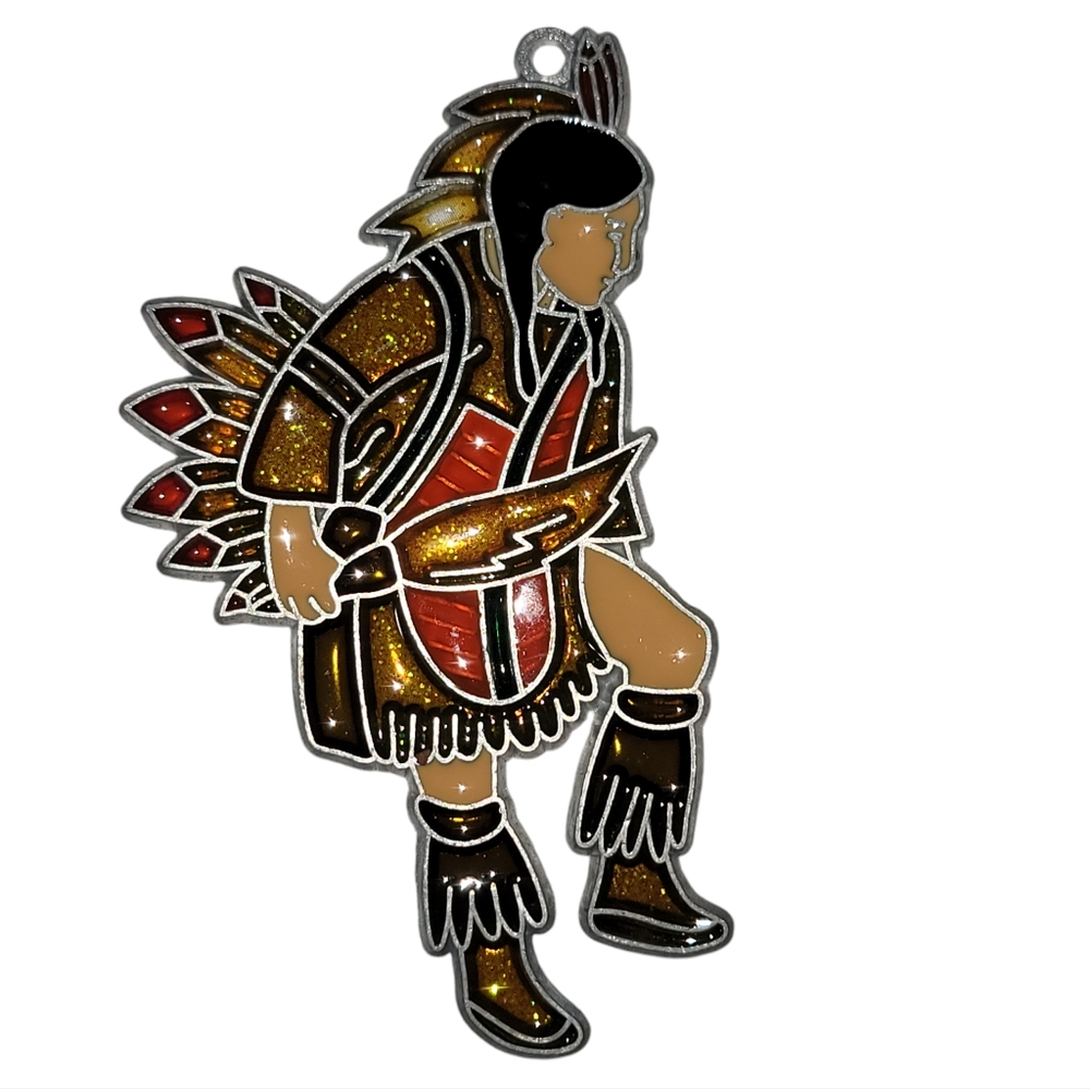 Vintage Handmade Stained Glass Native American Indian Chief Suncatcher Ornament